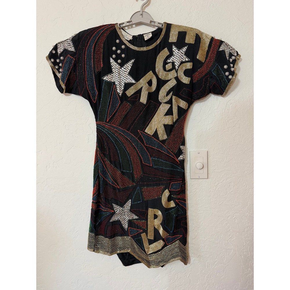 VTG 80s Laurence Kazar Beaded Silk Rock Star Dress M Pop Art Sequin Mini Cosmic